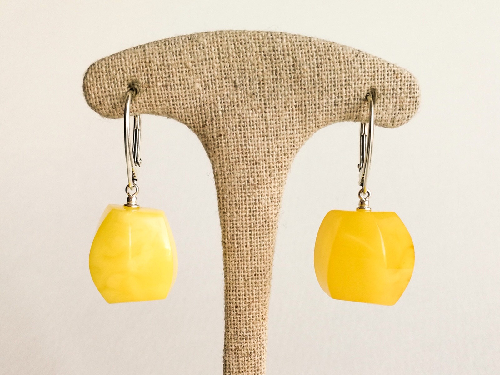 Natural Baltic Amber TORVELA Earrings thick cut shape matt yellow silver 1,57in