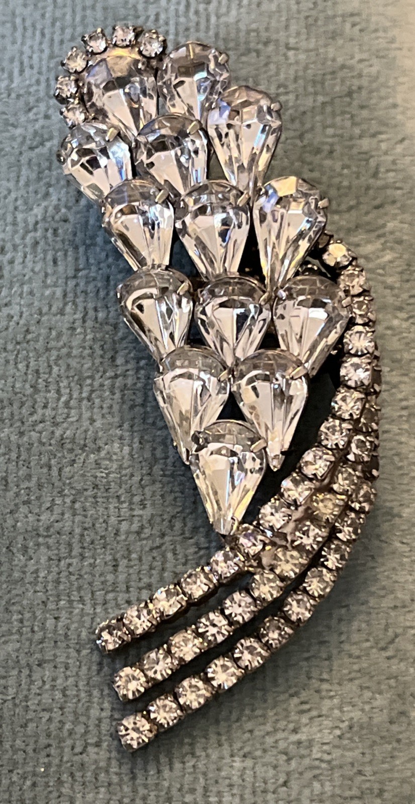 Vintage 1950’s Waterfall Cascading Brooch Rhodium Plated Clear Rhinestones