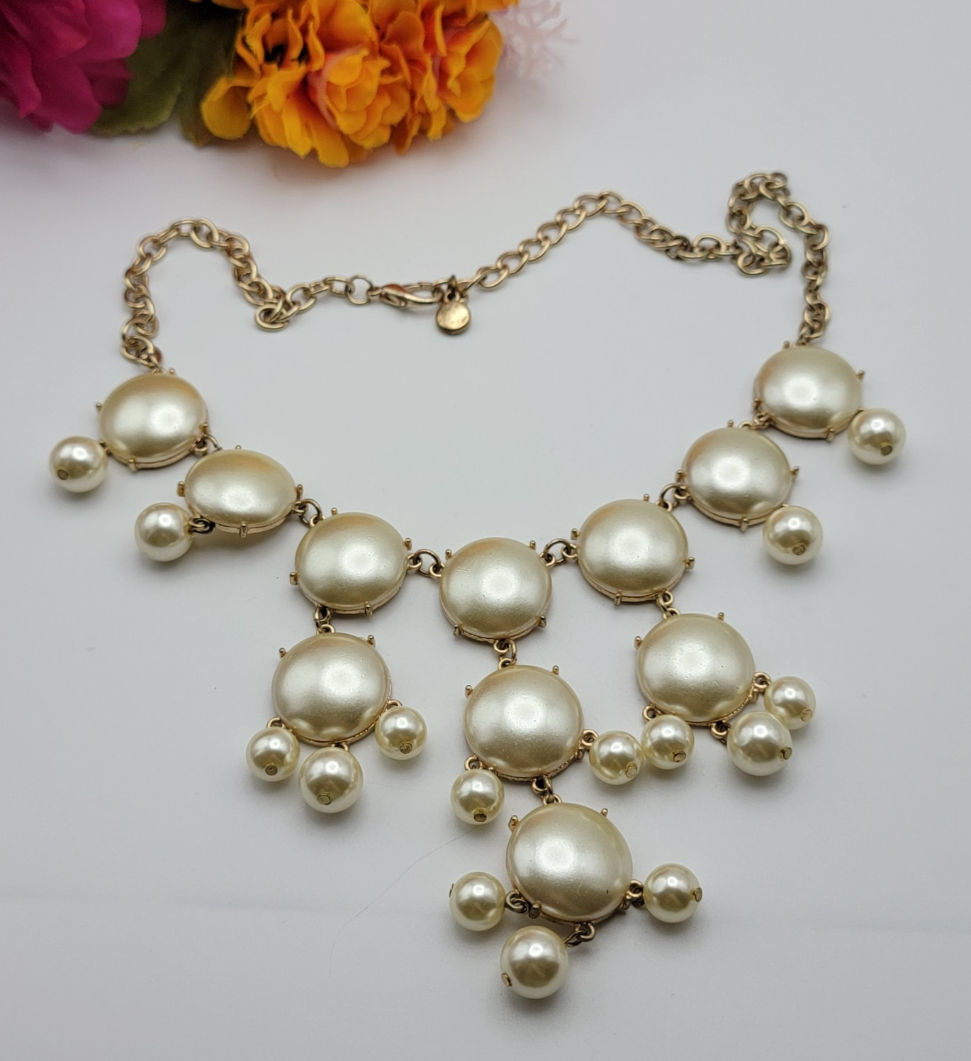 Champagne Cream Faux Pearl Statement Waterfall Bib Necklace Gold Tone 22″ Adj.