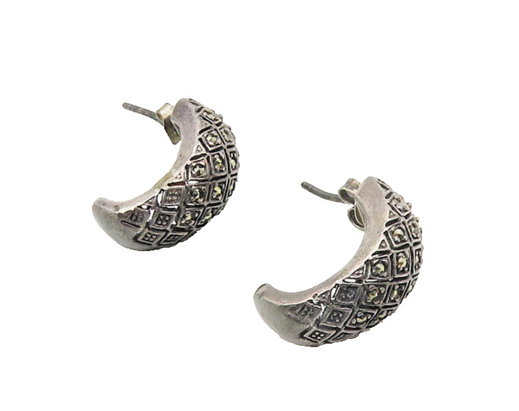 925 Silver Vintage Marcasite Diamond Shape Pattern J Hoop Earrings EG9168