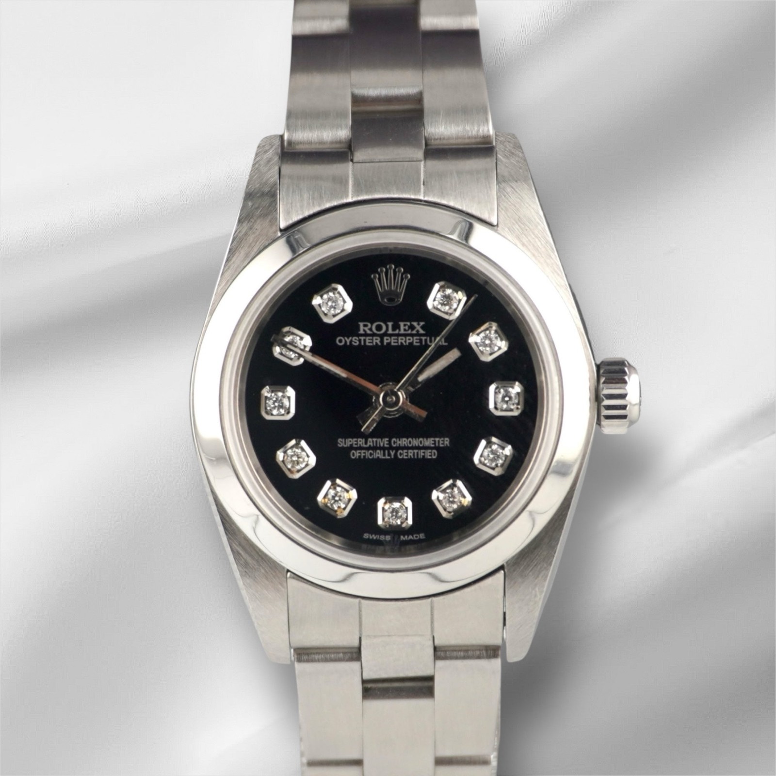 Rolex Oyster Perpetual 25mm Steel Black Diamond Smooth Oyster Watch 67180