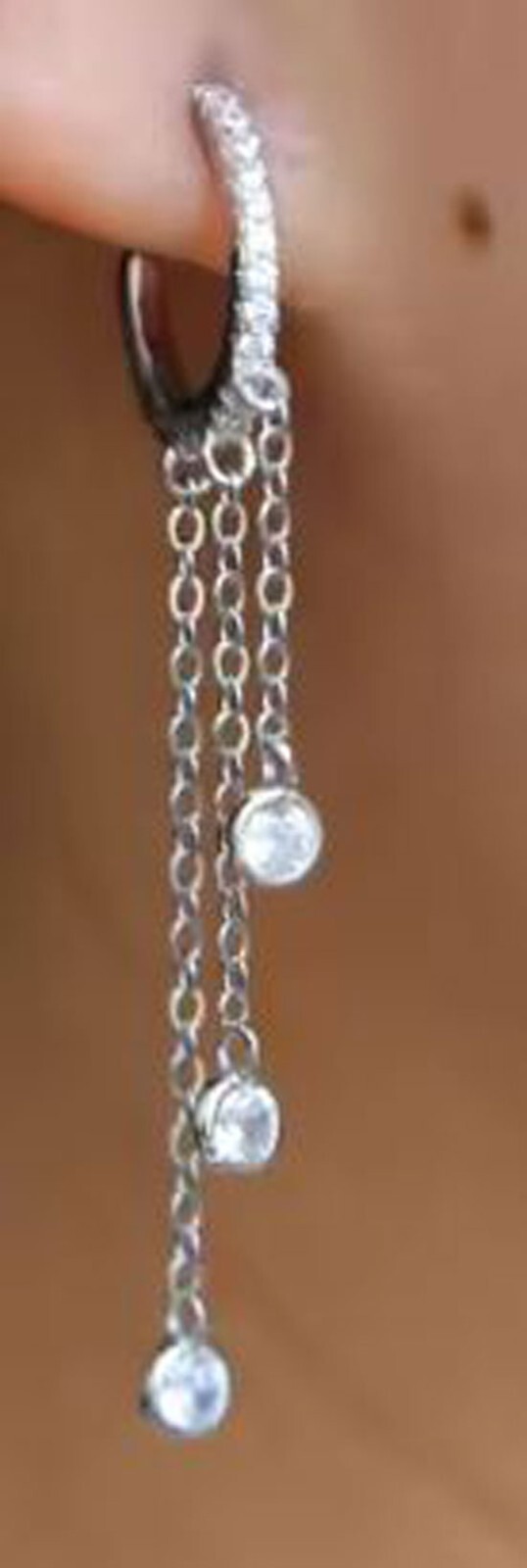 Earring 925 Sterling Silver Tassel Three Long Chains Zircon Drop Silver Round