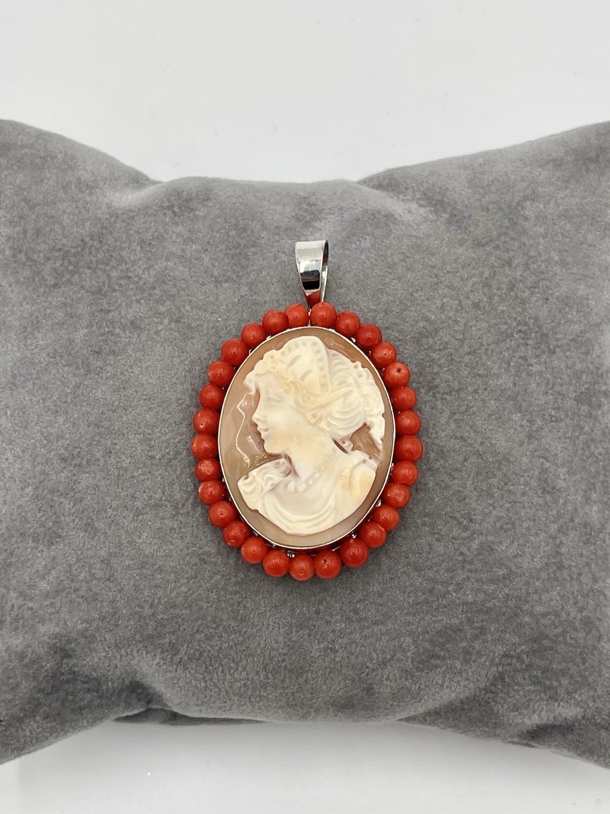 Cameo Corniola Shell Pendant 30mm Silver 925 Red Coral Handmade