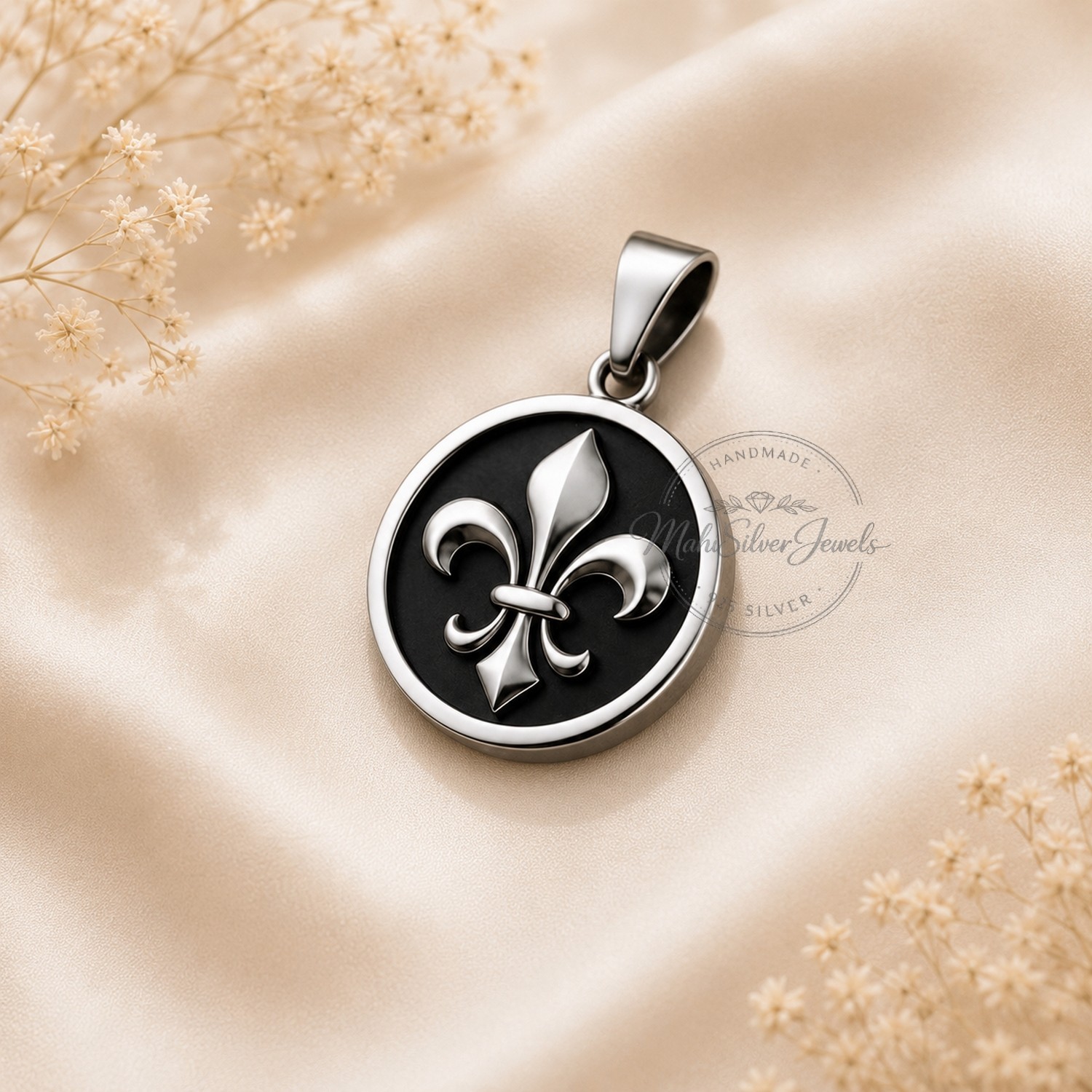 Handmade Sterling Silver Fleur De Lis Pendant Unisex Round Jewelry MR018