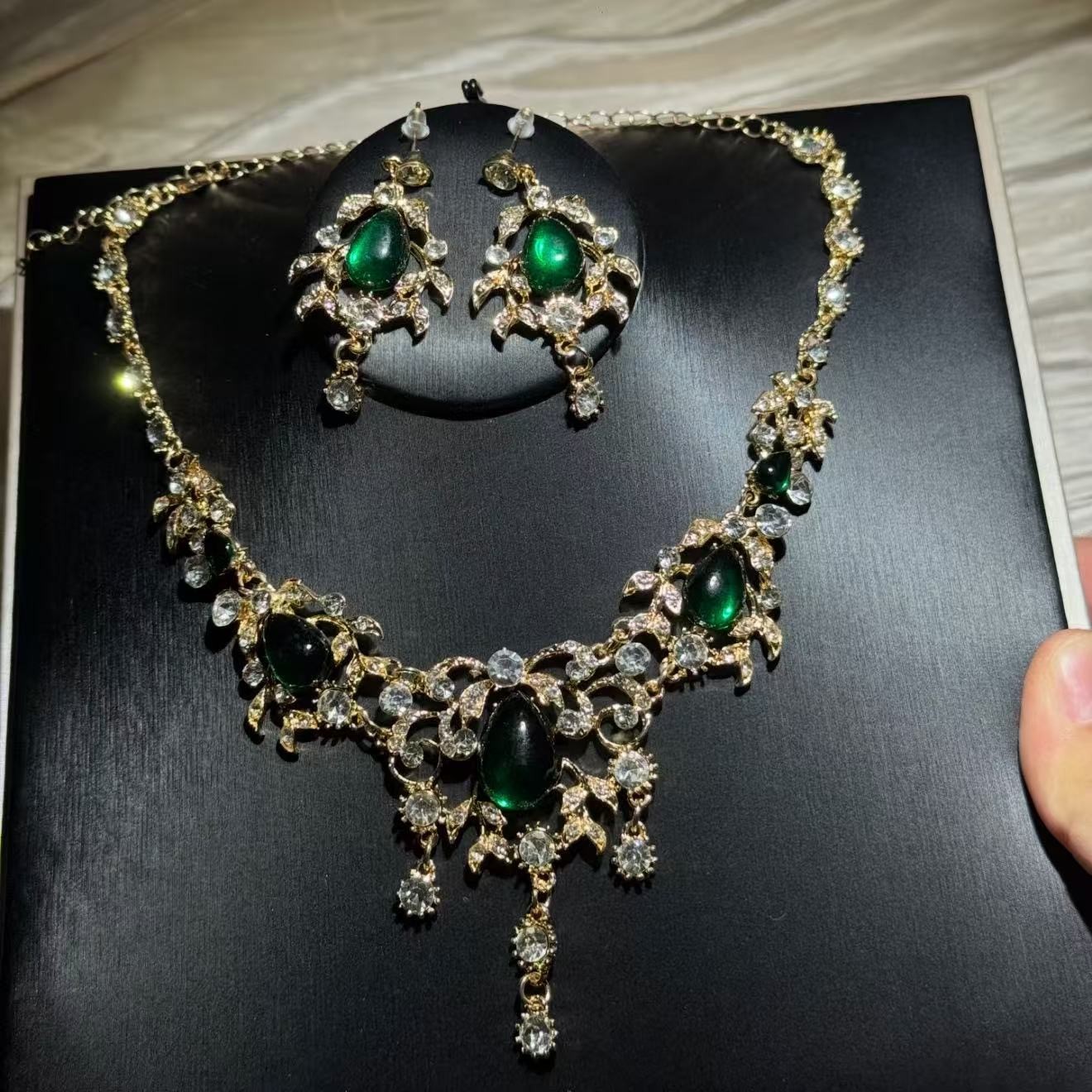 Alloy Jewelry Set Teardrop Cubic Zirconia Simulated Emerald Necklace Earrings