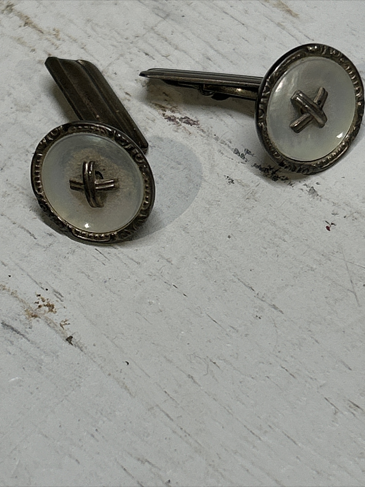 VINTAGE 835 STERLING SILVER MOTHER OF PEARL CUFFLINKS