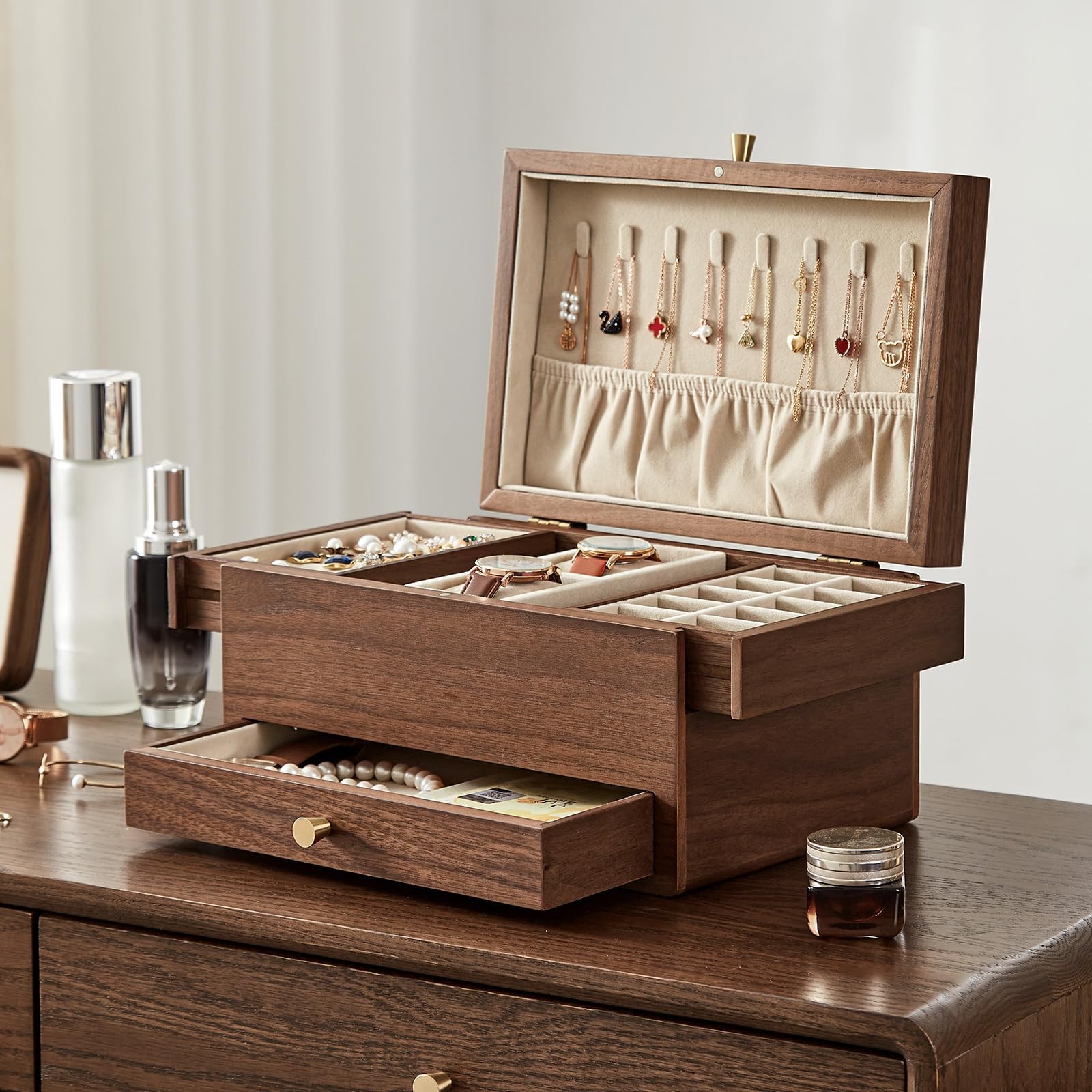 Black Walnut Wooden Jewelry Box for Women, 3 Level Multifunctional Drawer Org…