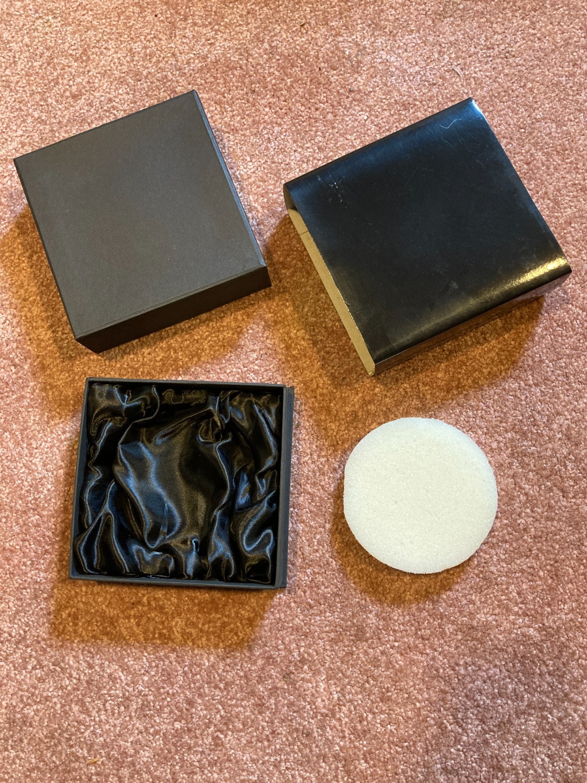 Padded jewelrygiftaward box. Black cloth-lined with cover & cardboard sleeve
