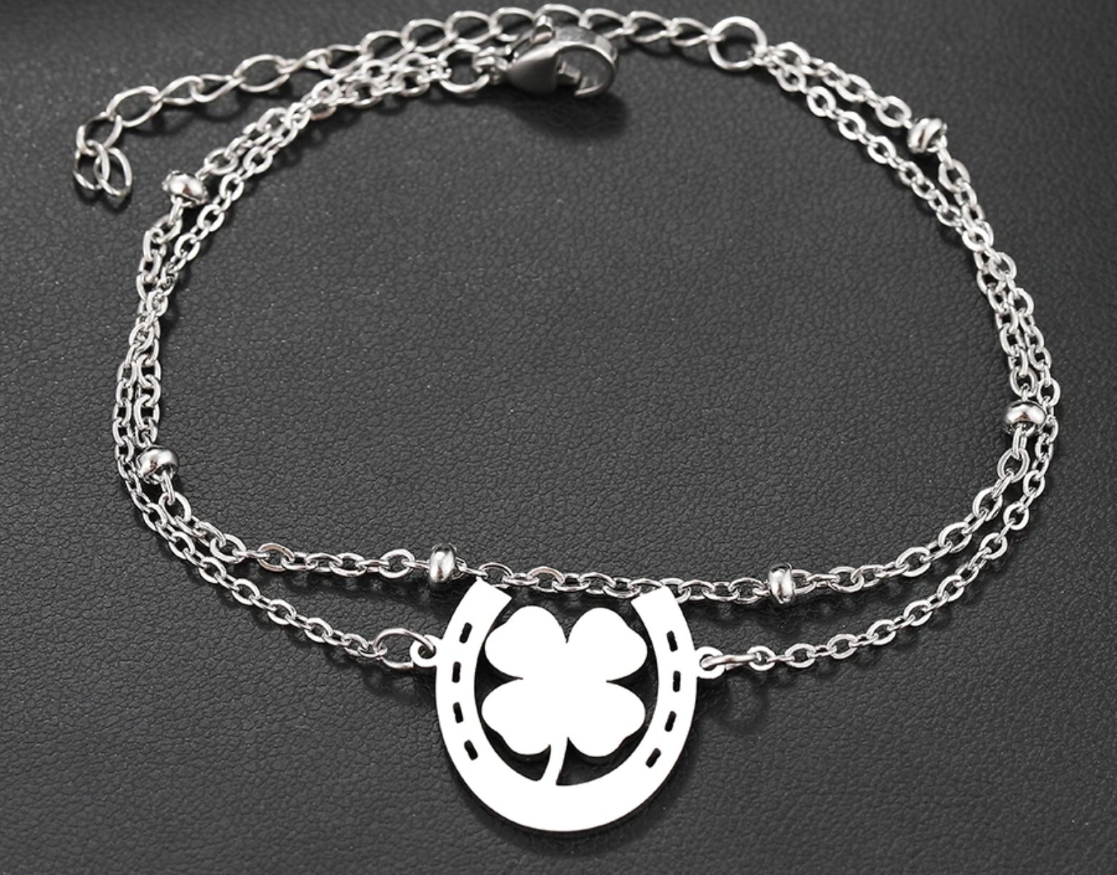 Stainless Steel Clover and Horseshoe Chain Bracelet 5.9in plus 2 in extender