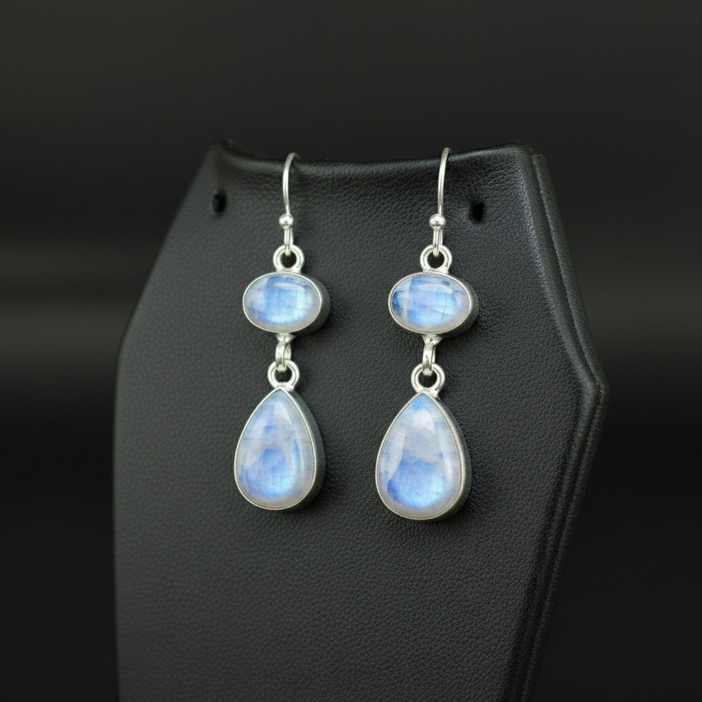 Rainbow moonstone 925 sterling silver handmade Dangle/Drop Earrings 1.90″