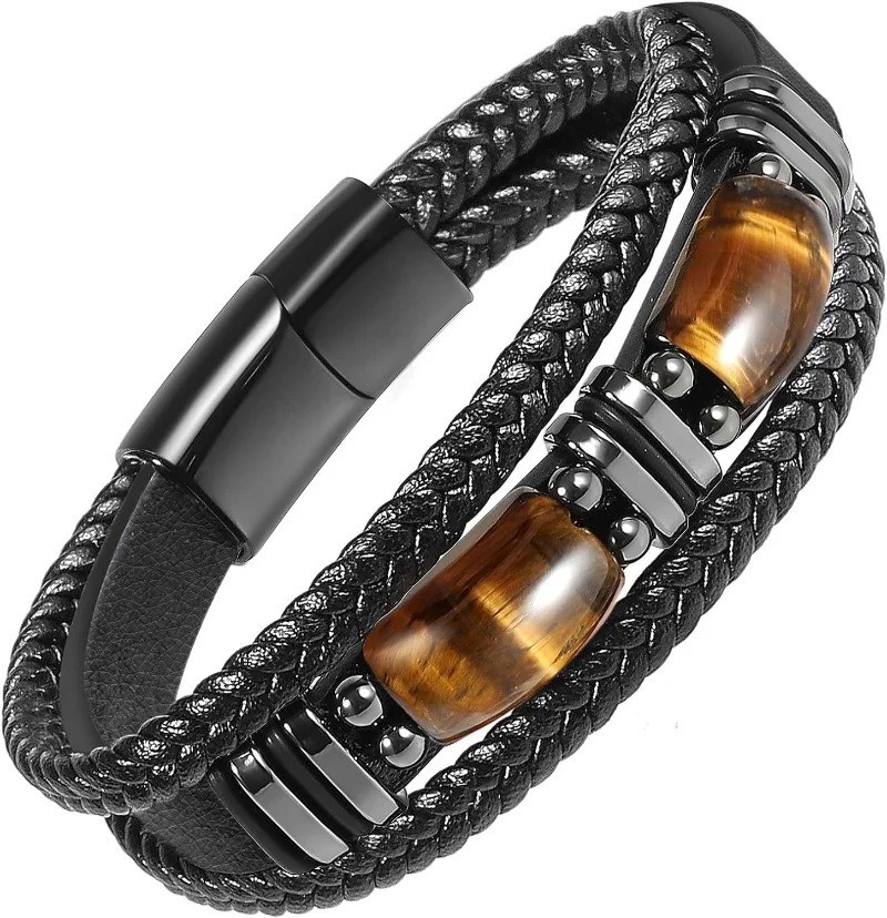 Tiger Eye Black Leather Bracelet Men Energy Crystal Stone Healing Reiki Gift USA