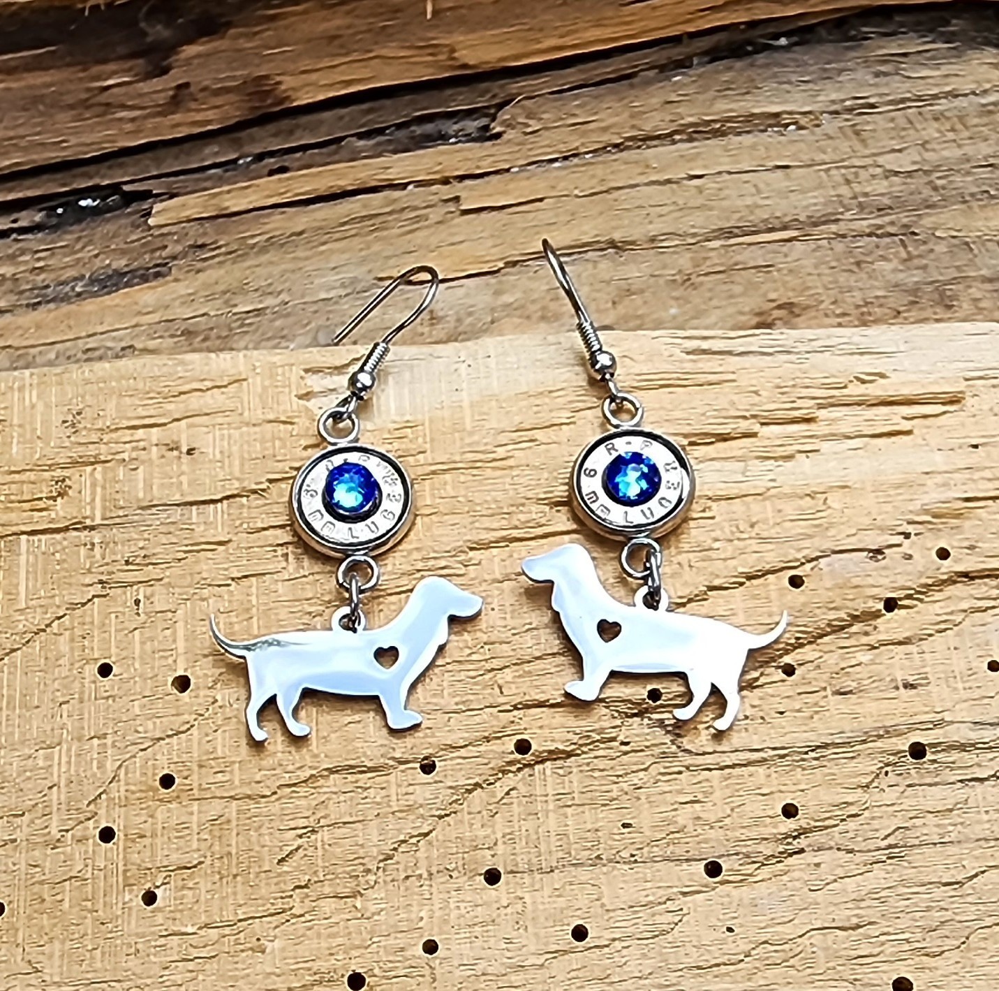 Stainless Steel Bullet Earrings with Dachshund Charms. Optional Crystals.