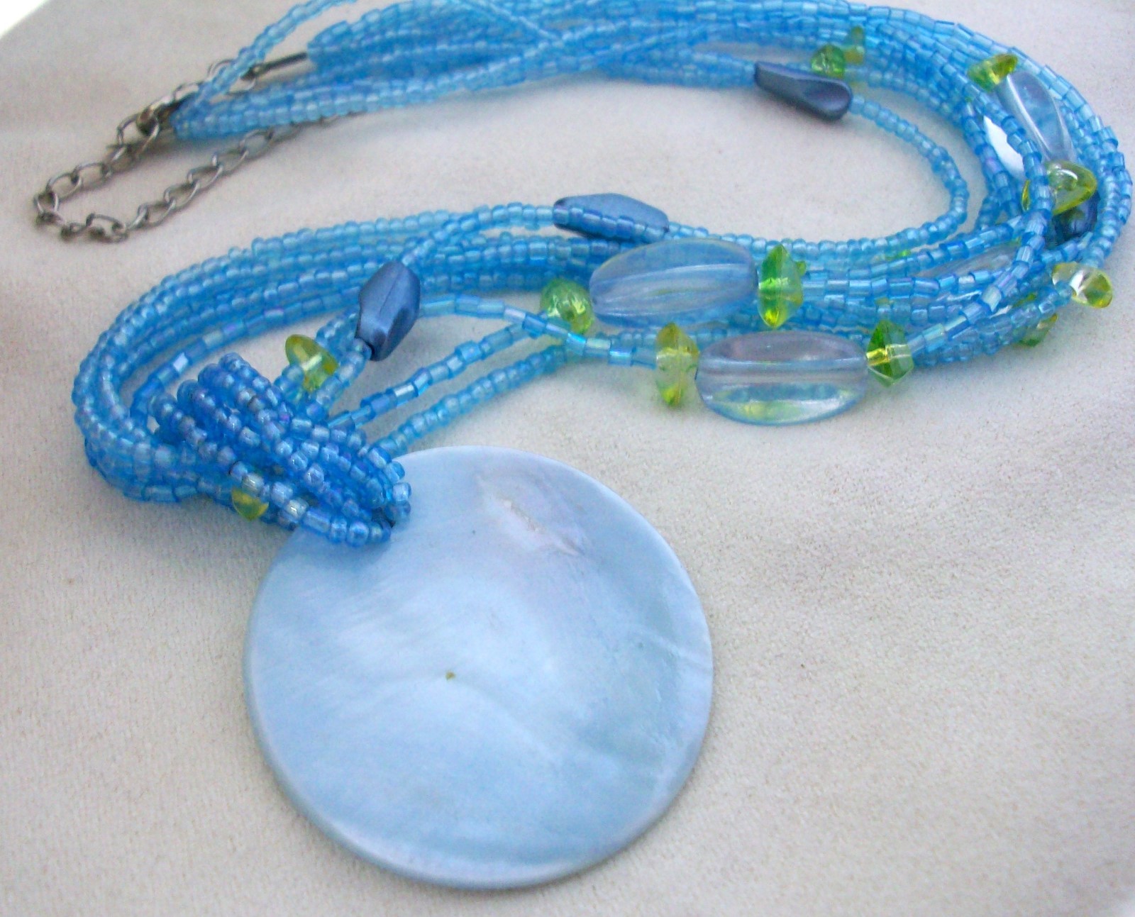 Natural Shell Pendant Necklace Blue Multi Strand Seed Beads Beach Vacation 22″