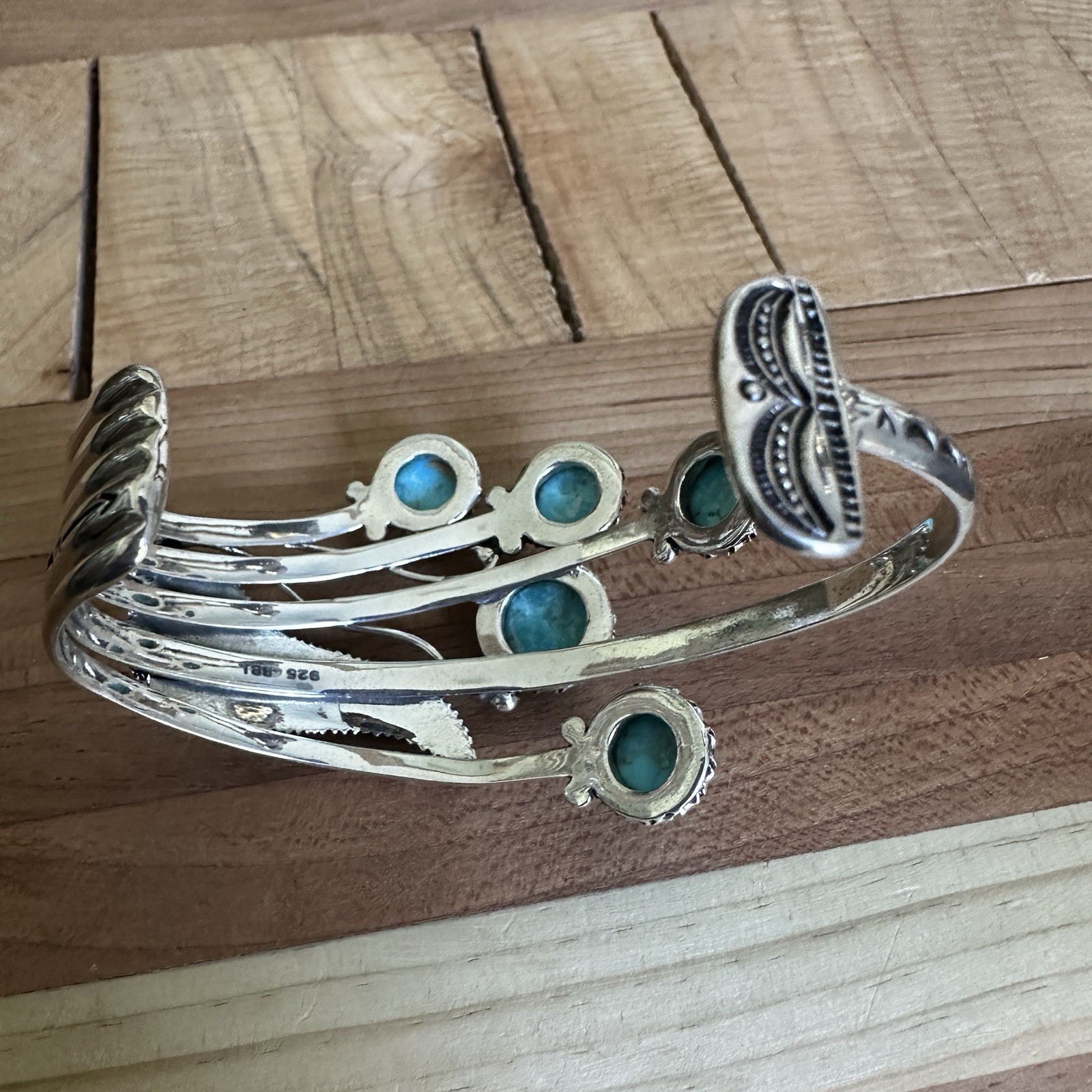 BBJ Artisan Open Cuff Bracelet 6.75 Inch Adjust Turquoise 925 Sterling 38.3g