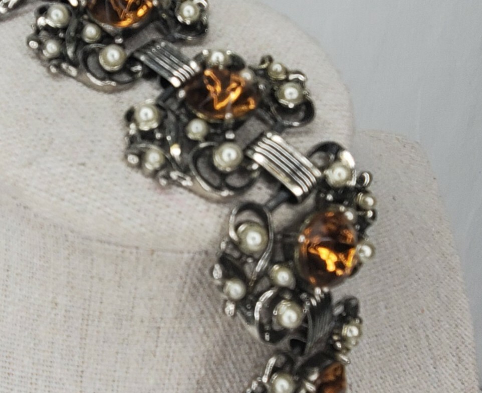 Vintage Panel Bracelet Silver Tone Faux Pearl Citrine Stones Chunky