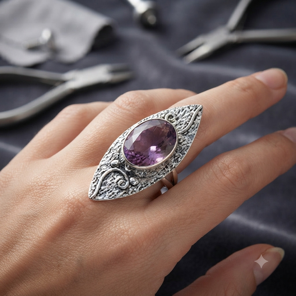 925 Sterling Silver Genuine Amethyst Statement Handcrafted Ring Jewelry Size 8