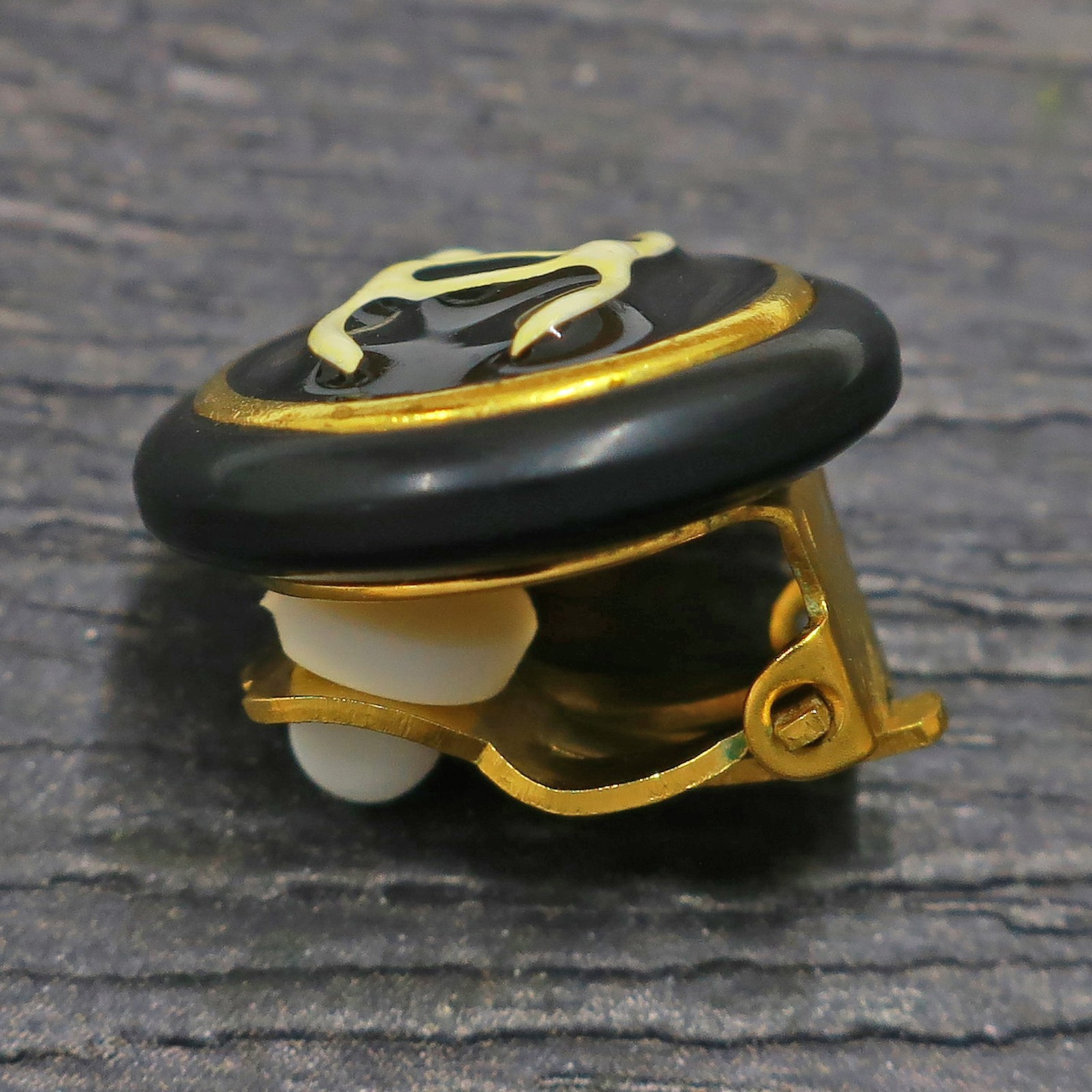CHANEL Gold Plated CC Logos Black Round Vintage Clip Earrings #1385c Rise-on