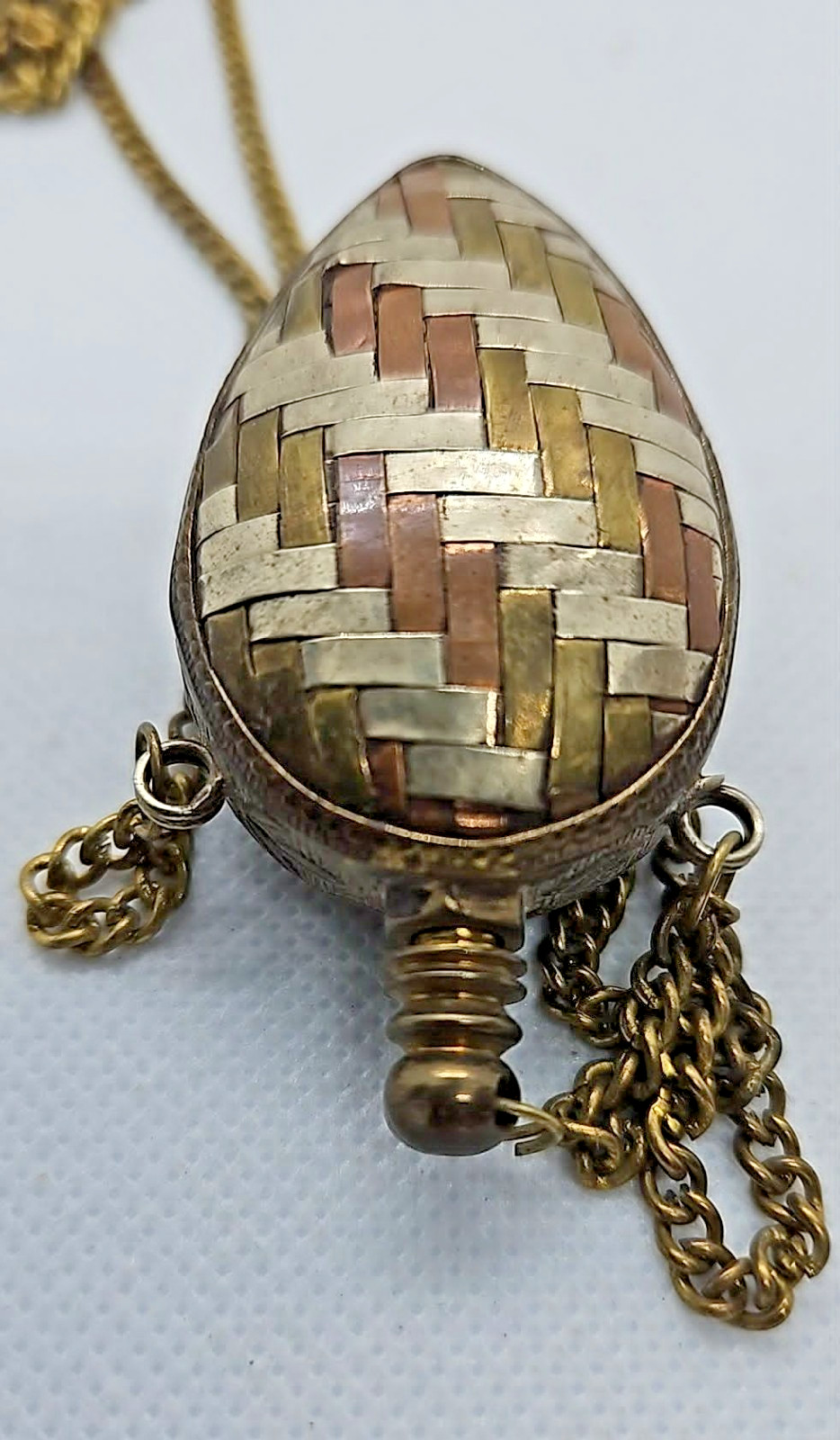 Vintage Perfume Bottle Necklace Pendant Chatelaine Woven Mixed Metal Flask 41g