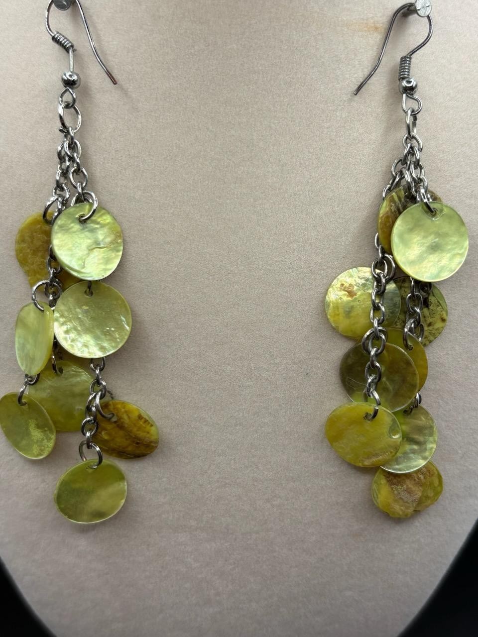 Vtg Boho Mustard Yellow MOP Disc Waterfall Dangle Earrings Hook