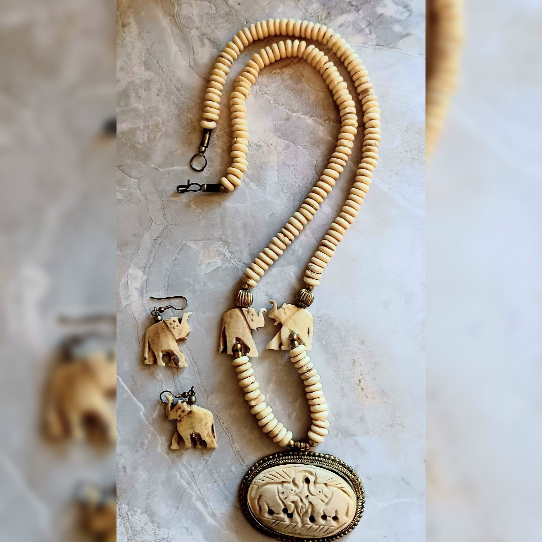 Vintage Tribal Carved Bovine Bone & Brass Elephant Pendant Necklace Earring Set