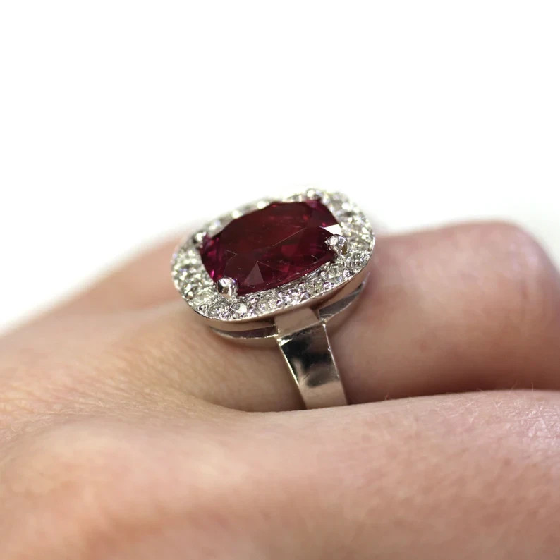 5Ct Cushion Cut Natural Pink Tourmaline &Diamond 14K White Gold Luxurious Ring