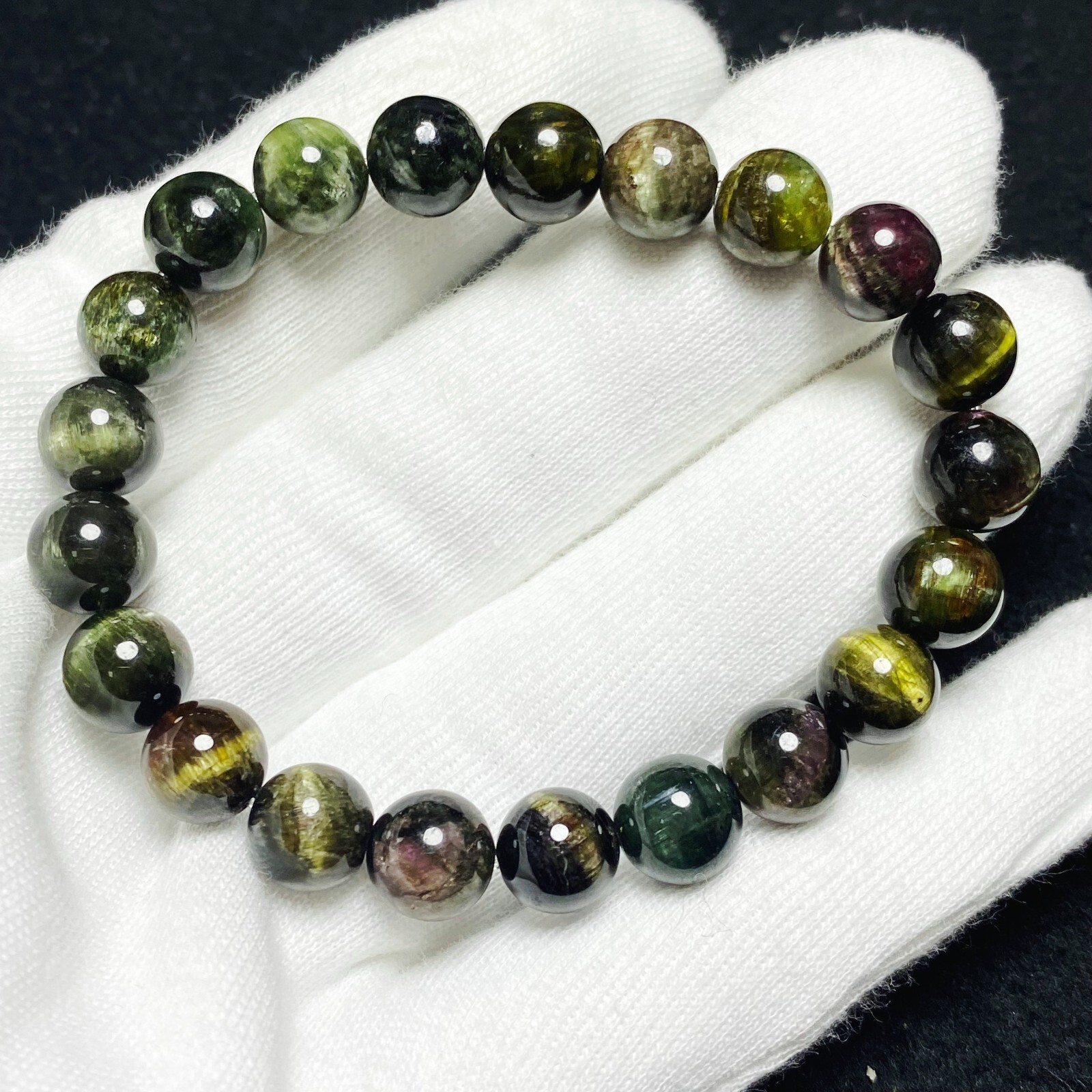 9.2mm Natural Color Tourmaline Cat’s Eye Quartz Crystal Beads Bracelet C1487