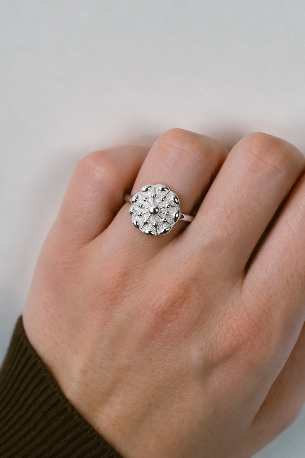Solid 925 Sterling Silver Flower Ring Floral Artisan Jewelry Birthday Gift