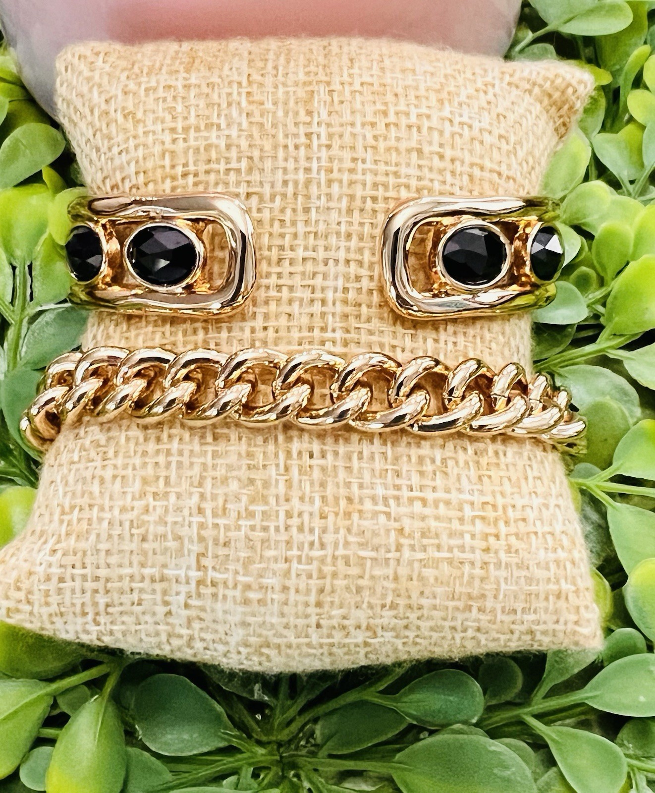 Bomb Party Black Onyx Gold Plated Cuff /Gold Plated Cuban Link Bracelet