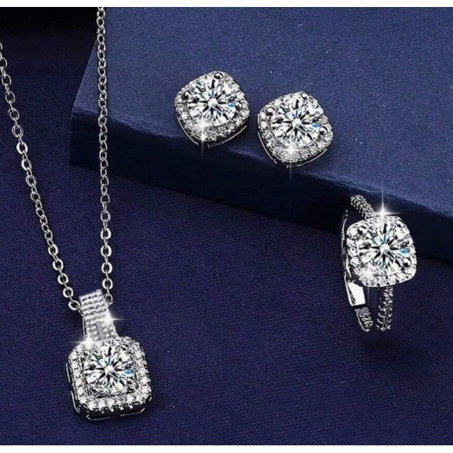 Silver Cubic Zirconia 3 Piece Jewelry Set Necklace Earring Ring Cushion Cut Halo