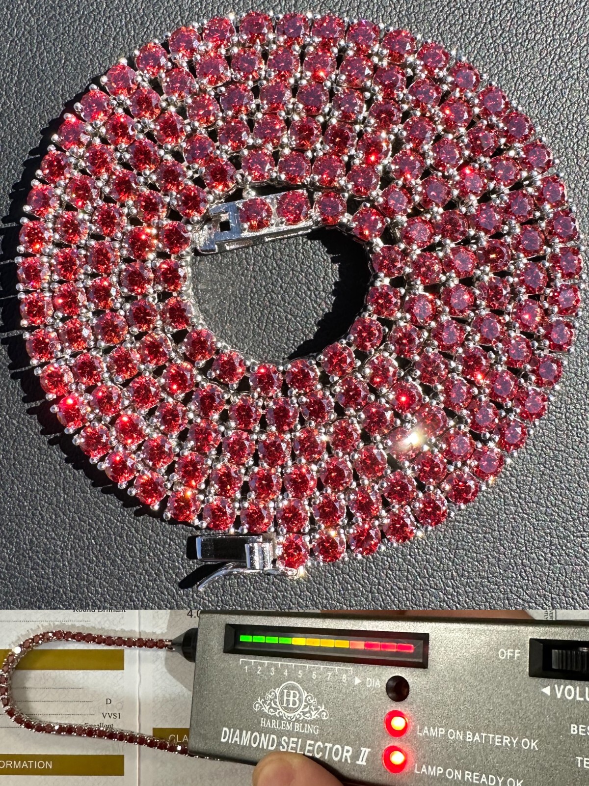 Real Ruby Red MOISSANITE 3mm Tennis Chain 925 Silver Iced Necklace Pass Test