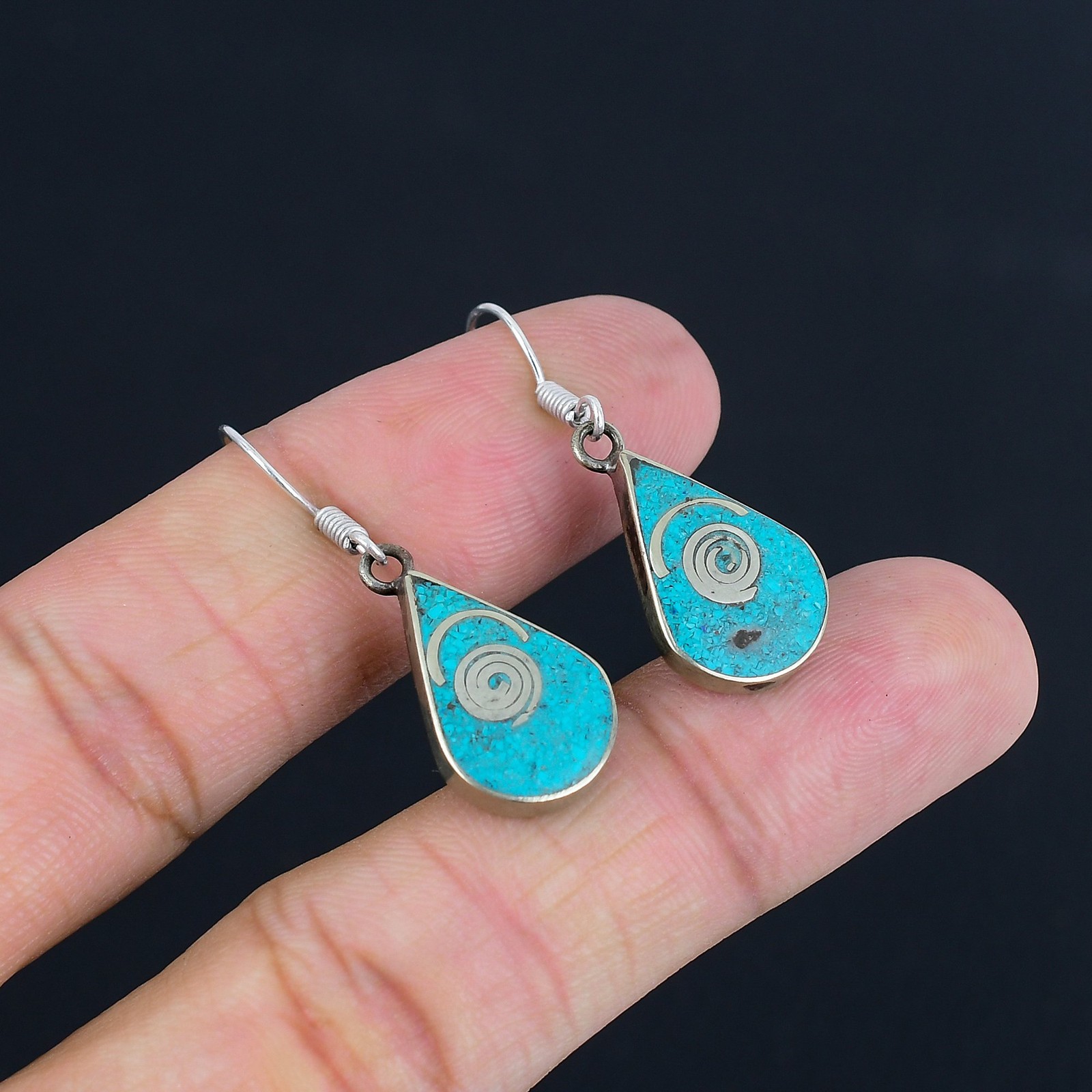 Turquoise 925 Sterling Silver Handmade Tibetan Nepali Gift Earring 1.7″ PG 3596