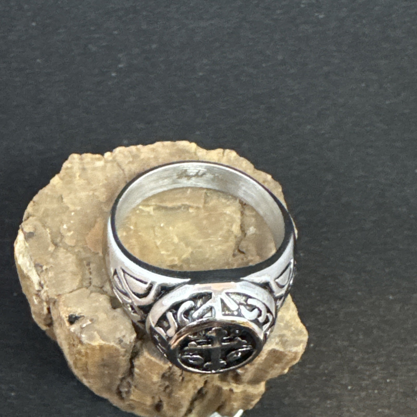Cross Ring Stainless Steel High Polish Oxidized 12mm Face Width 5mm Band