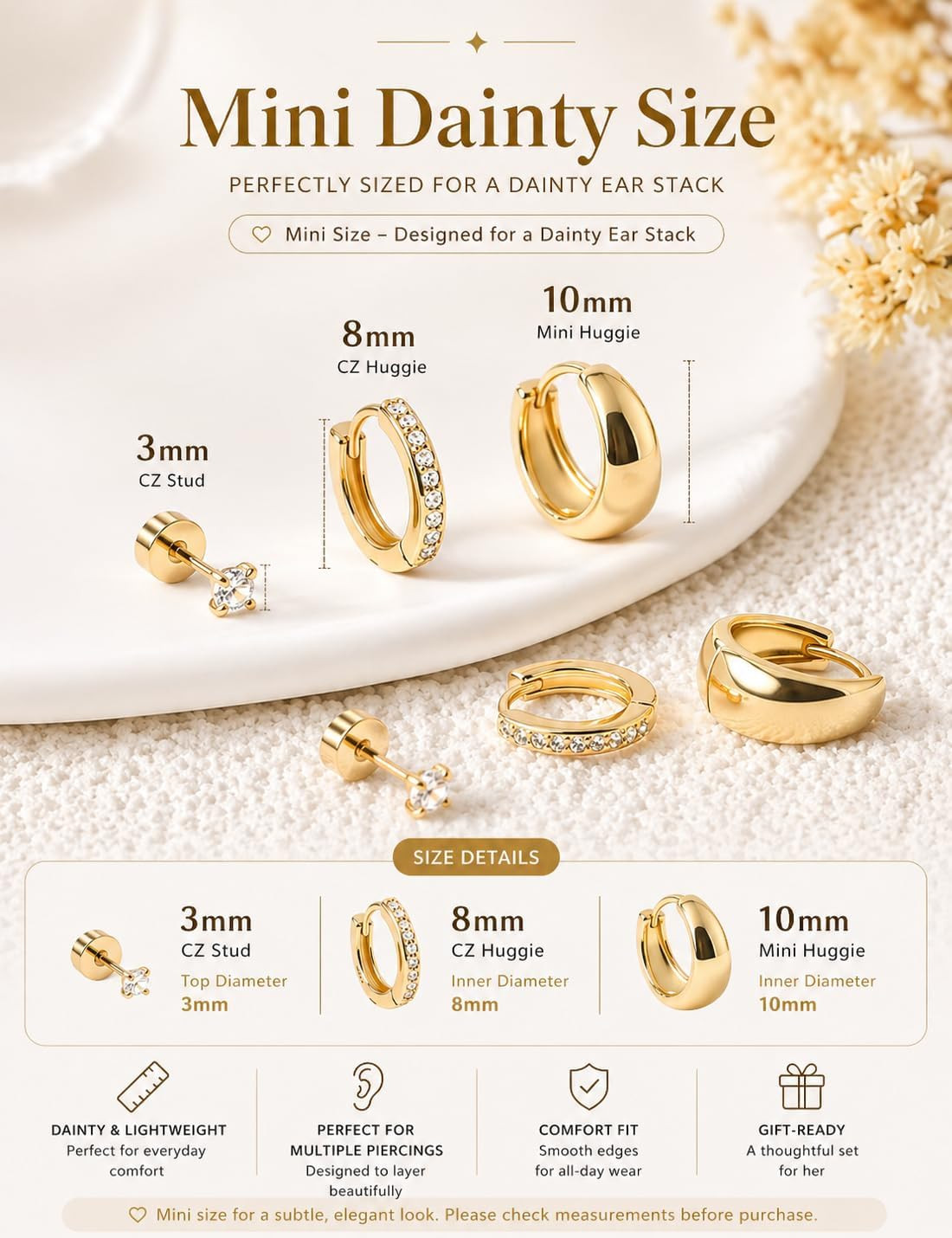 Gold Earring Stack for Women, 3 Pairs 14K Gold Plated Small Huggie Hoop & CZ Stu