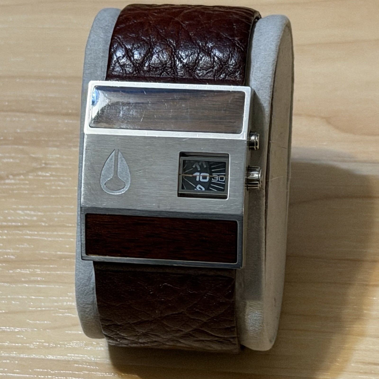 Nixon Rotolog Direct Time Wood Grain Brown Leather Analog Watch PARTS OR REPAIR