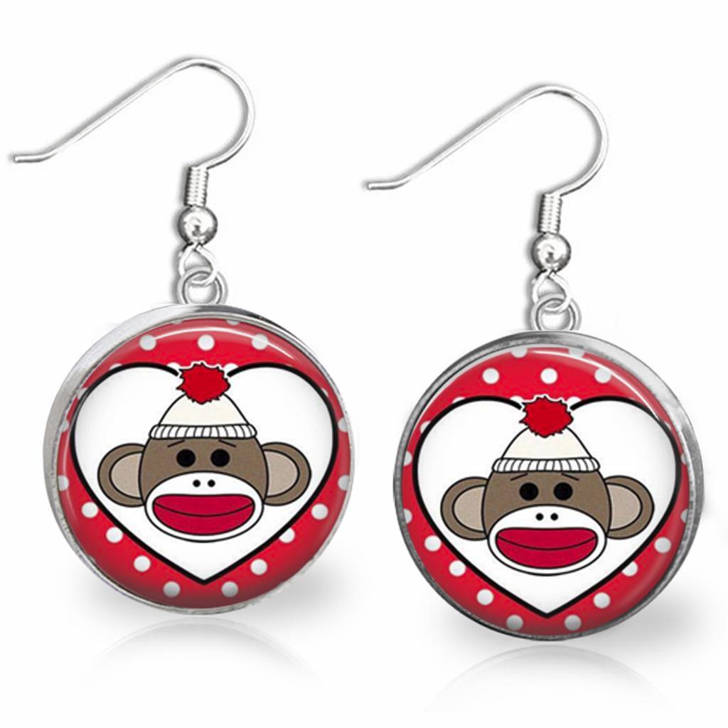 Sock Monkey Glass Top Dangle Earrings Handcrafted Gift for Sock Monkey Lovers
