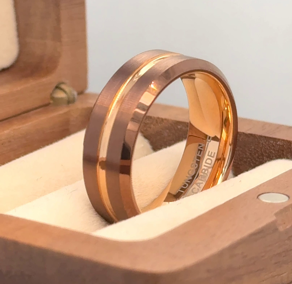 Unique Free Engraved Band For Christmas Gift Men Brown & Rose Gold Tungsten Ring