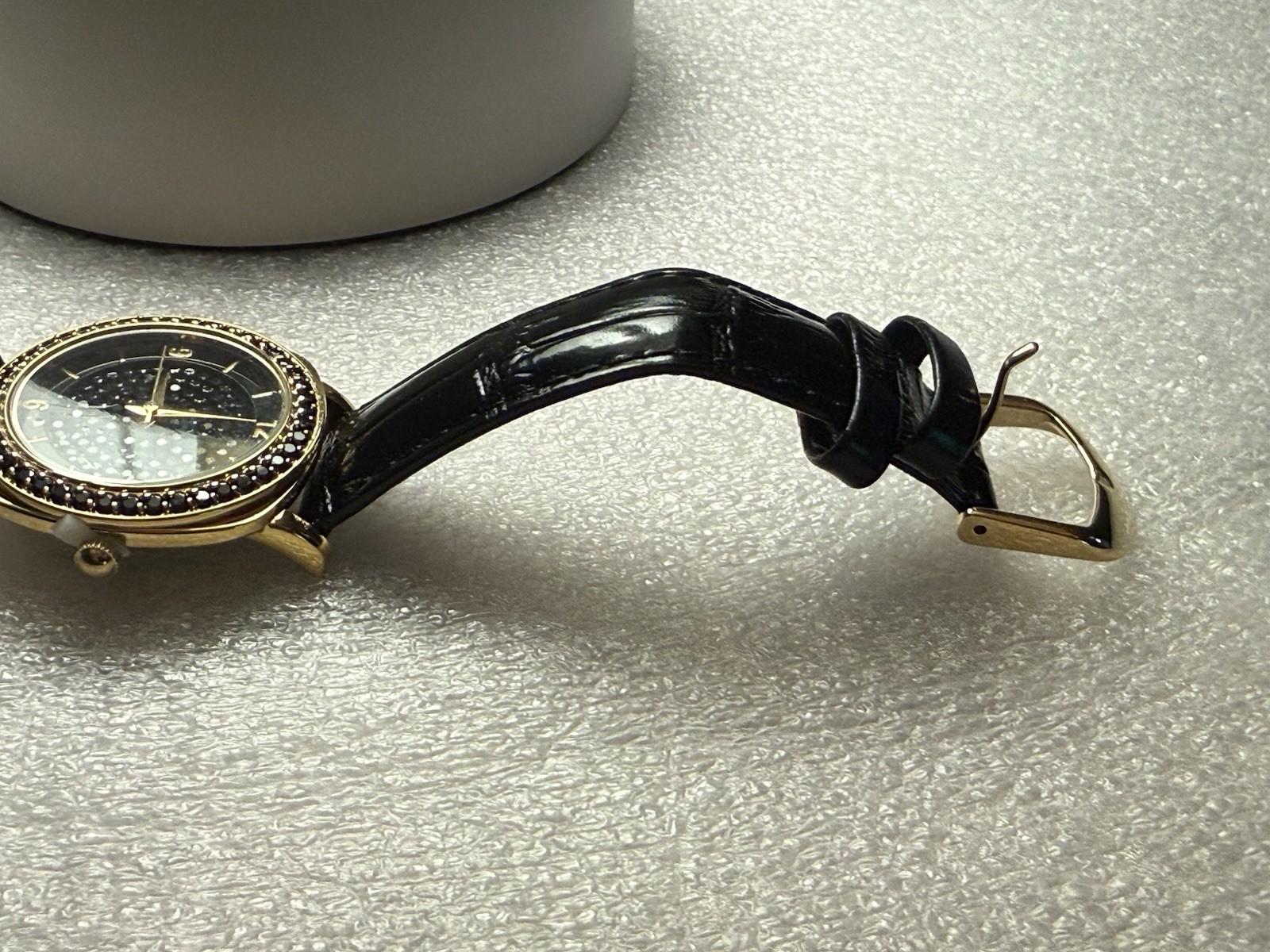 New Victoria Wieck Watch Womens Black Crystal Gold Trim Black Leather See Desc.