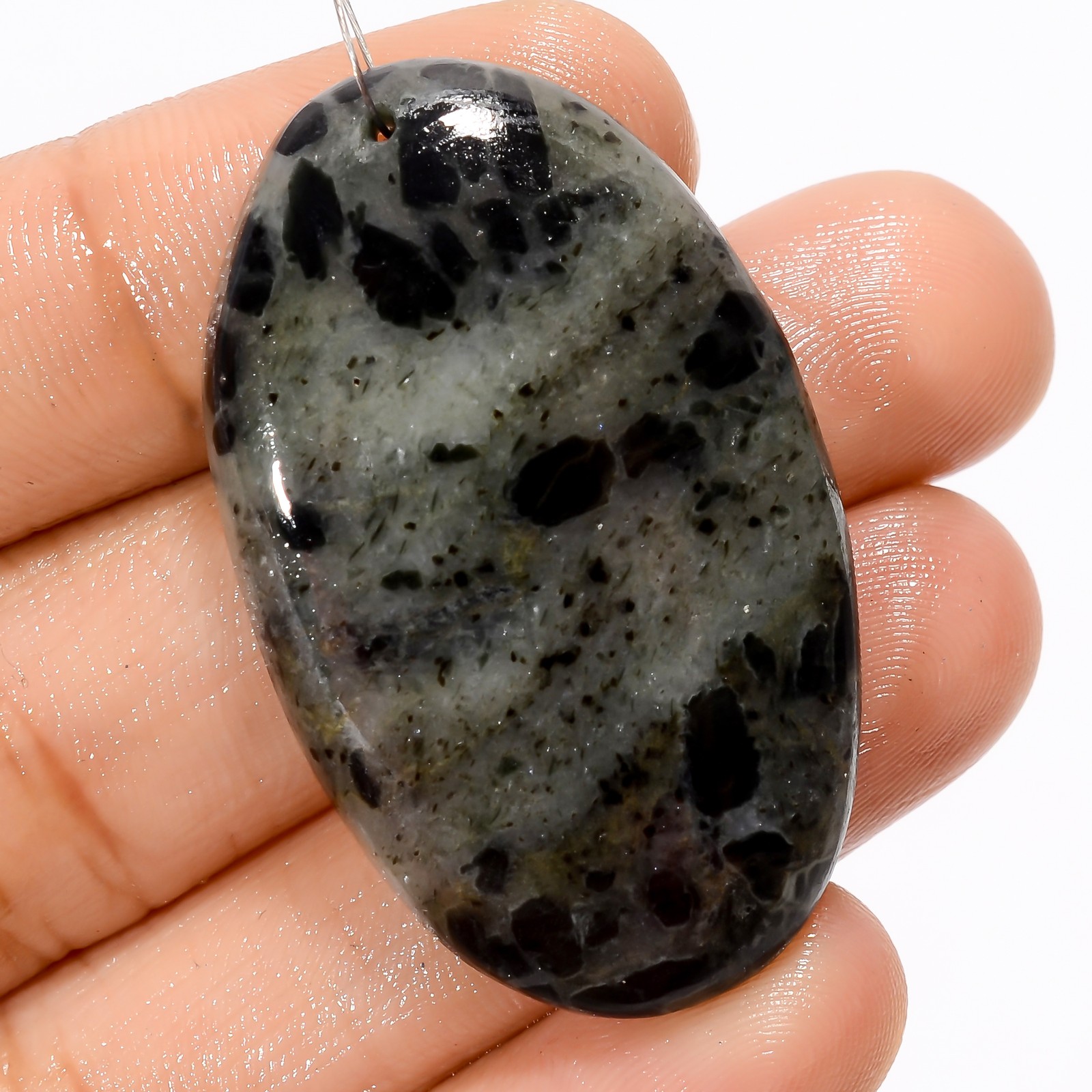 Black Tourmaline Quartz Oval Cabochon Drilled Gemstone 55.5 Ct 40X24X5mm A-29313