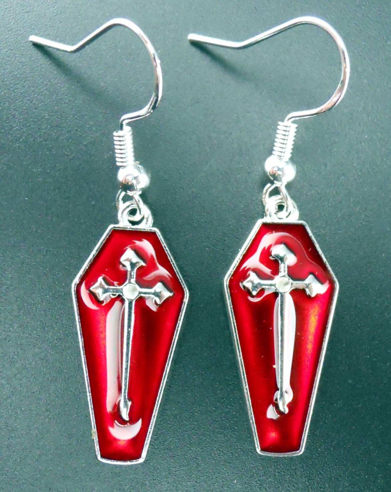 Coffin Earrings Sterling Silver Ear Wires Red Enamel Cross Casket Earrings New!