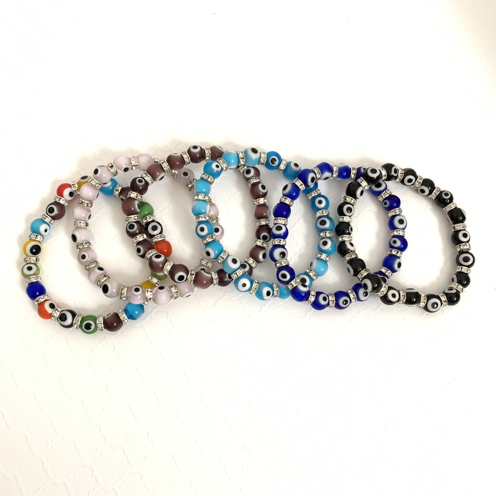 Evil Eye Bracelets Medium Glass Beads Crystals Elastic String Many Colors Stack