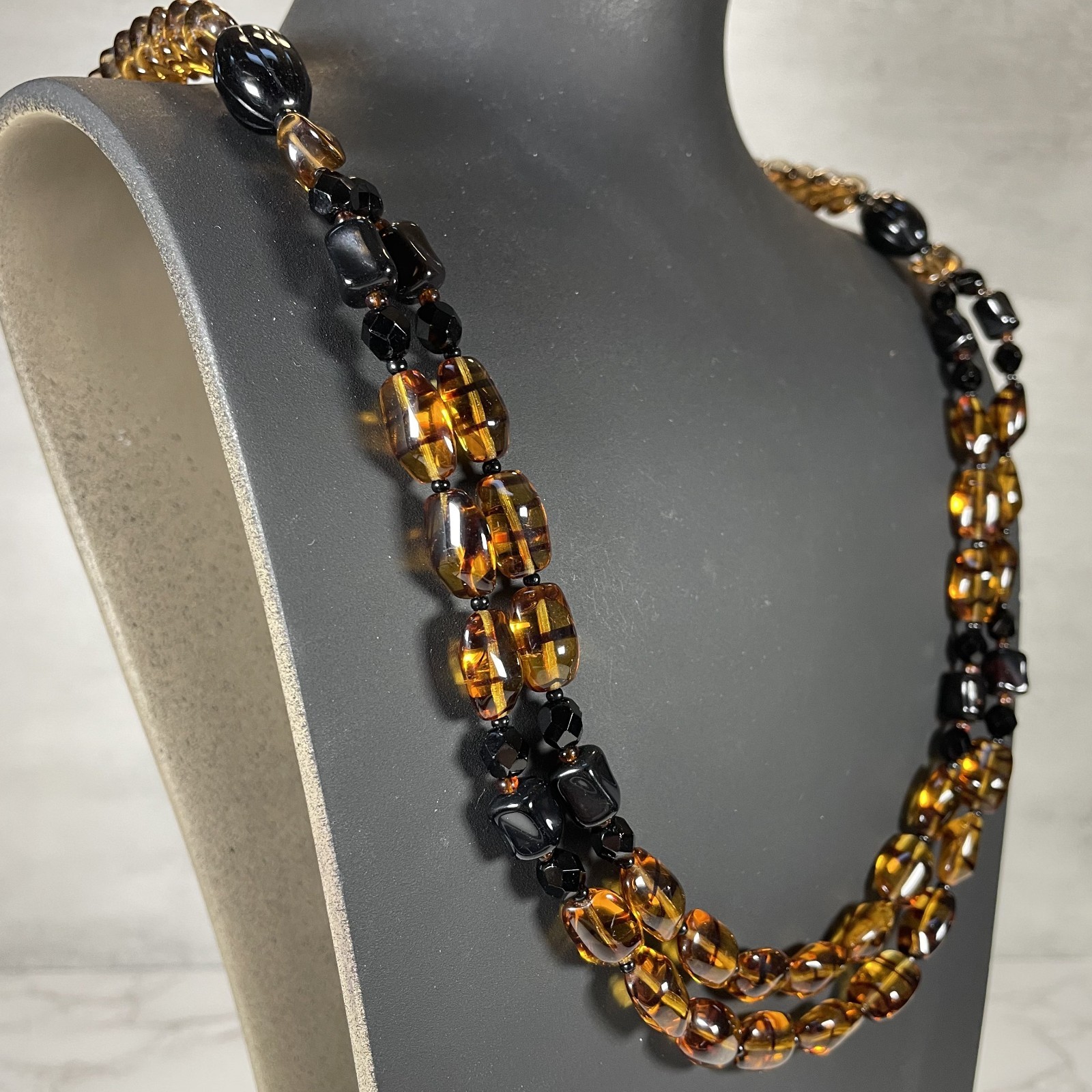 VTG ELLE of California Multi Strand Finest Bohemian Amber Glass Bead Necklace