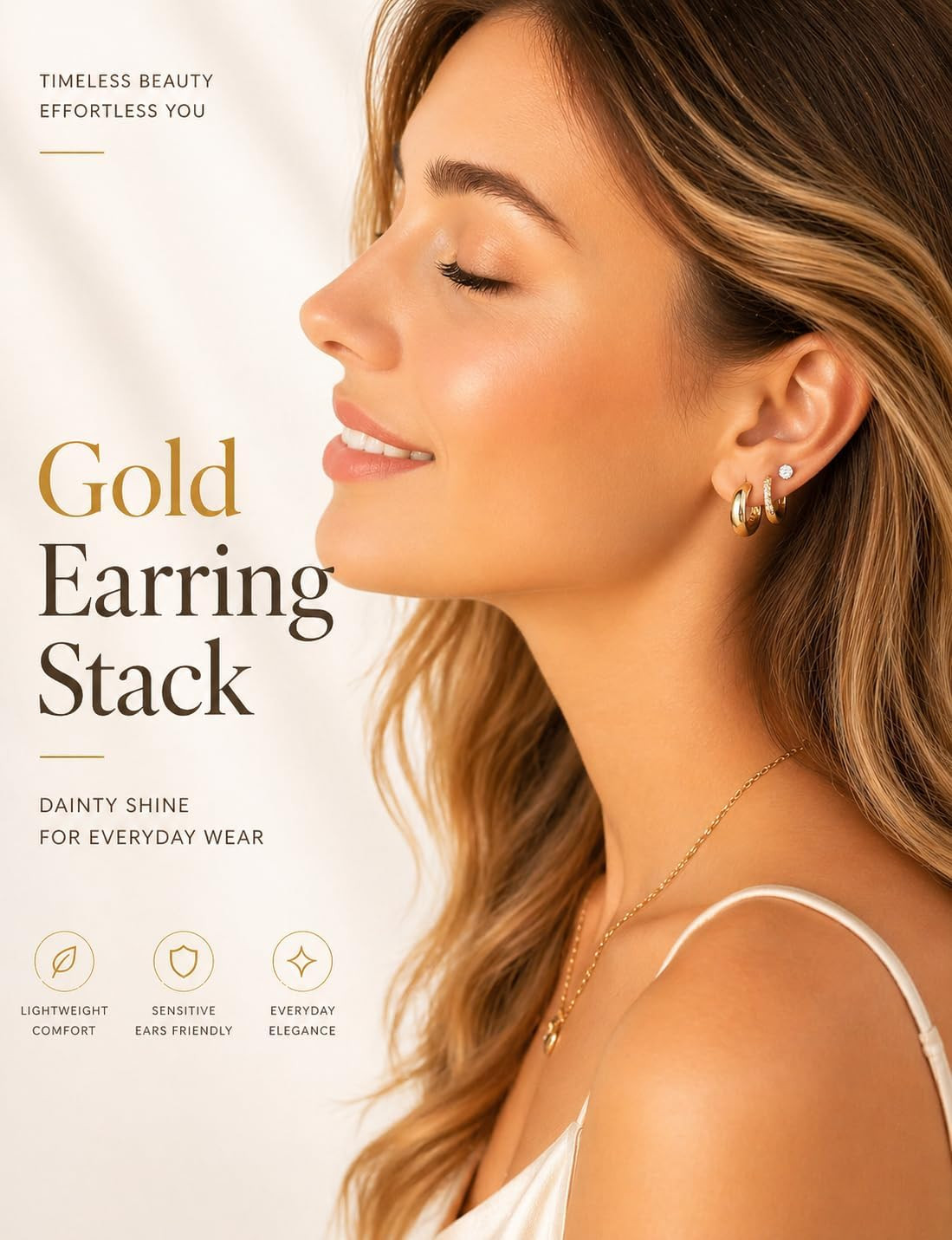 Gold Earring Stack for Women, 3 Pairs 14K Gold Plated Small Huggie Hoop & CZ Stu