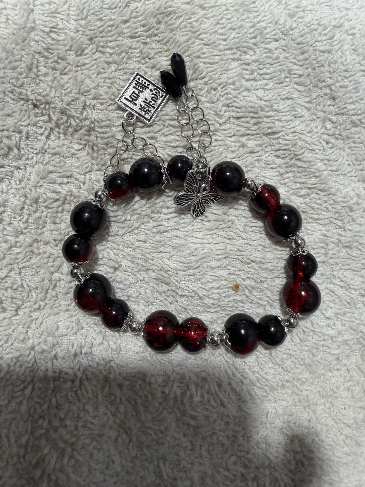 Gothic Romantic Red & Black Beaded Bracelet with Silver Charms