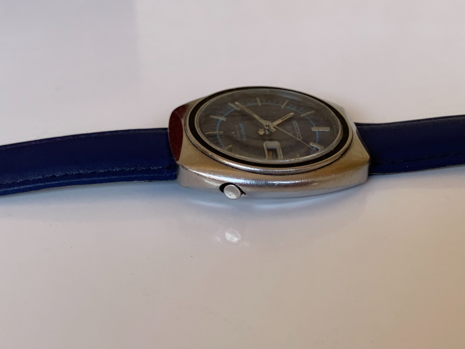 Vintage Seiko 5 Sports 6319-8070 Watch 1970s Blue Dial UFO Automatic 41mm Jumbo