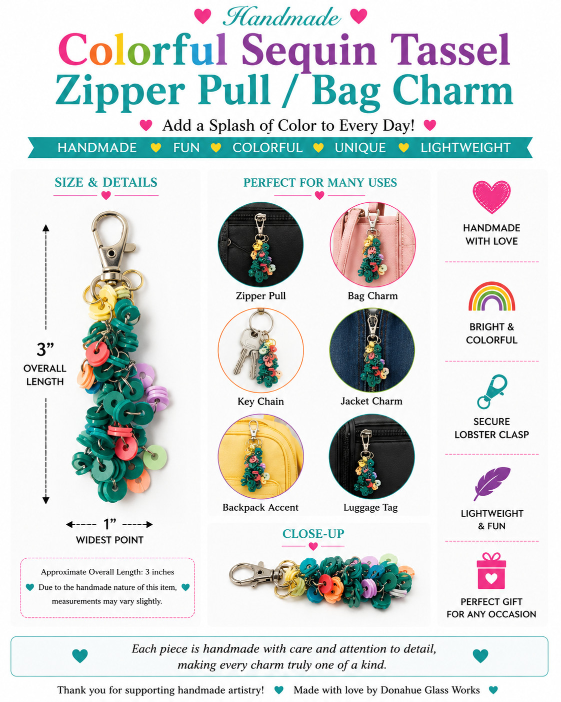 Colorful Sequin Tassel Bag Charm Zipper Pull Lobster Clasp Handmade 3″