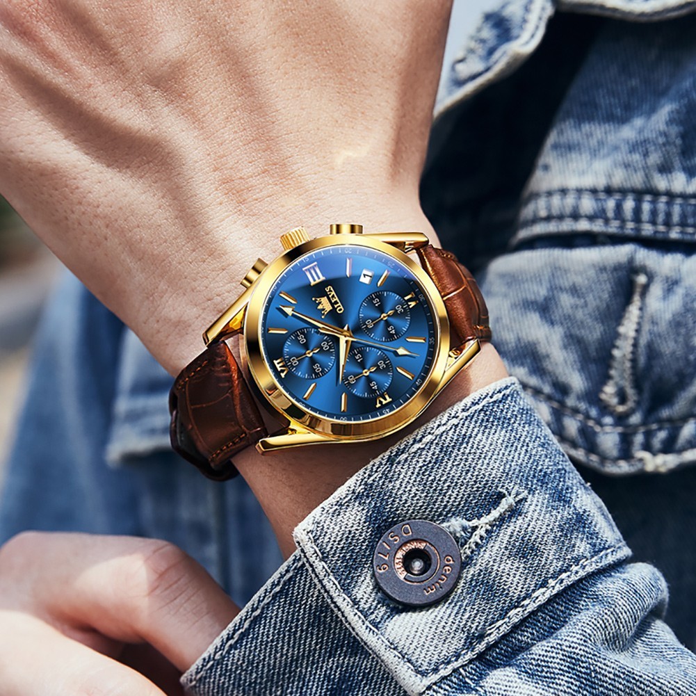 OLEVS 2872 Luminous Multifunctional Male Leather Top Quality Quartz Watches