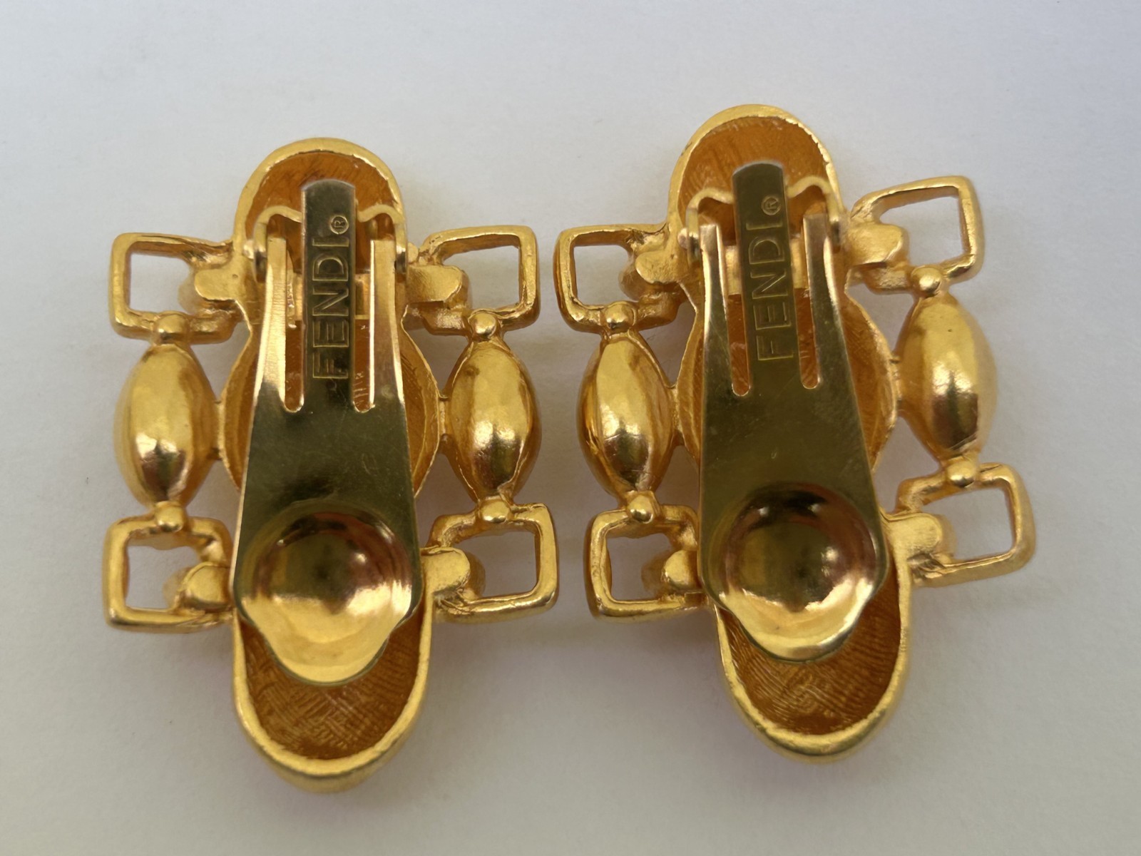 Vintage Signed Fendi FF Logo Clip On Earrings Gold Tone Authentic!