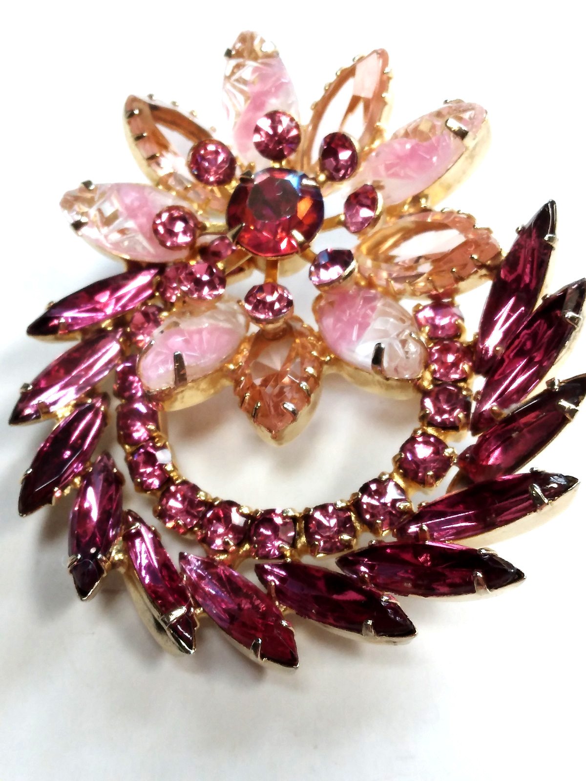 Juliana Pink Brooch Givre Lava Glass Dark Pink Navetts Gold Tone Rivet Prong Set