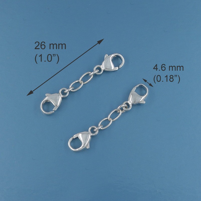 2 Sterling Silver Lobster Claw Clasp Extenders, 1 inch, Safety Chain / Connector