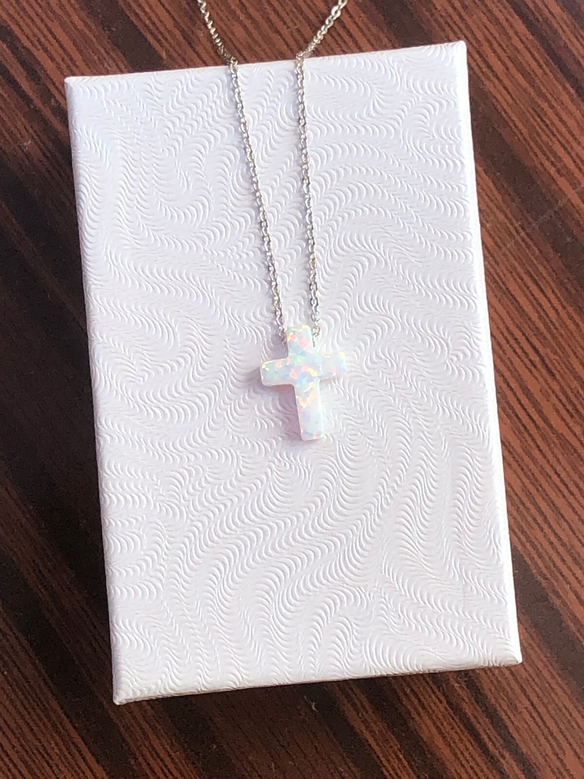 White Opal Cross Necklace 925 Sterling Silver Womens Girls 12mm 17.75″ Simulated